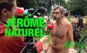 Jérôme walking nude on the street being interviewed